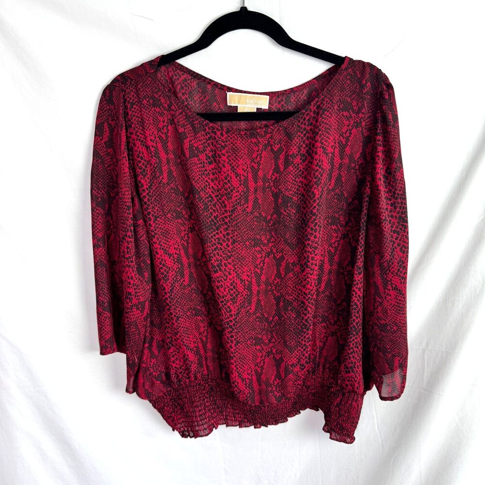 Michael KORS MK Women's Blouse Size 2X Red/Black Print 3/4 Sleeves Elastic Waist